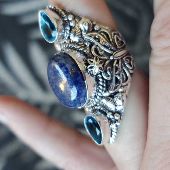 New Lapis Lazuli & Blue Topaz 925 Silver Butterflies Statement Ring. - Picture 10 of 14